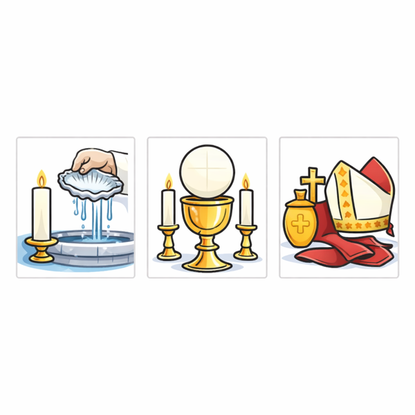 Das Bild zeigt Symbole für die Sakramente Taufe, Erstkommunion und Firmung.
